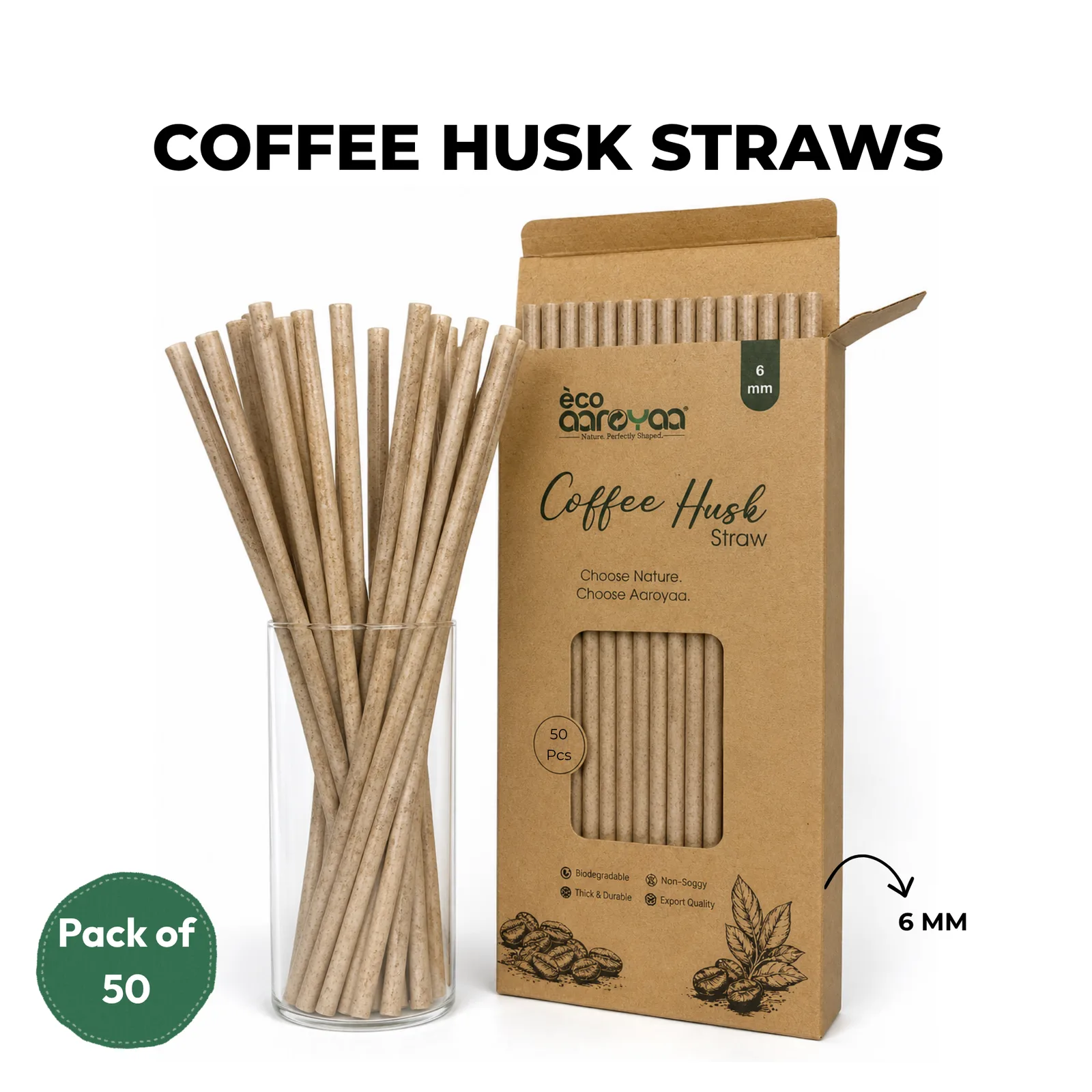 Eco Aaroyaa 6 MM Coffee Husk Straw Pack of 50