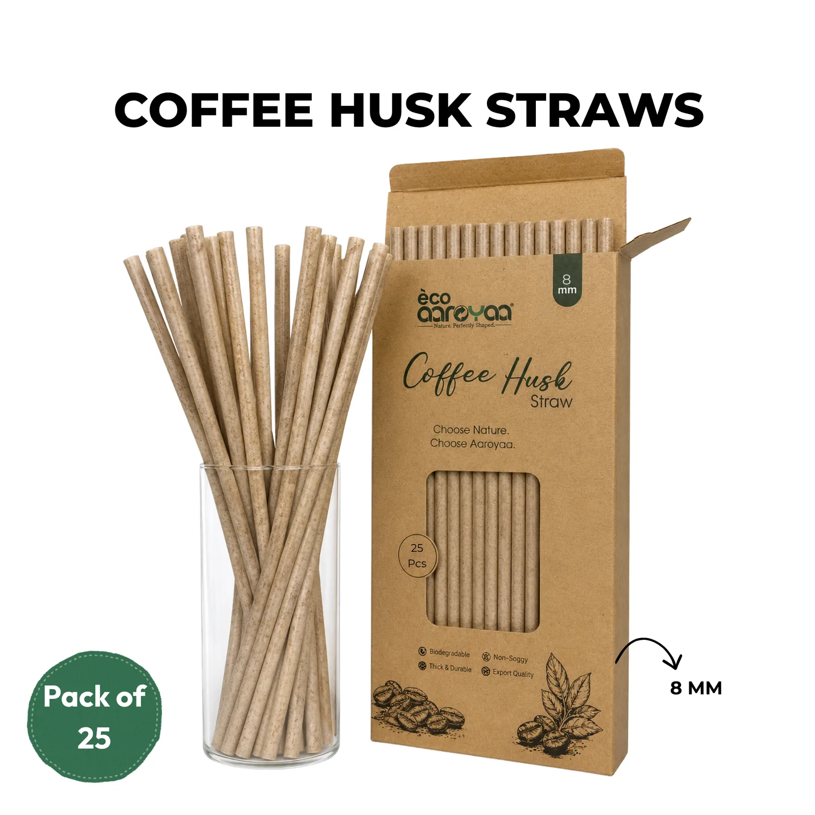 ECO AAROYAA 8 MM COFFEE HUSK STRAW PACK OF 25