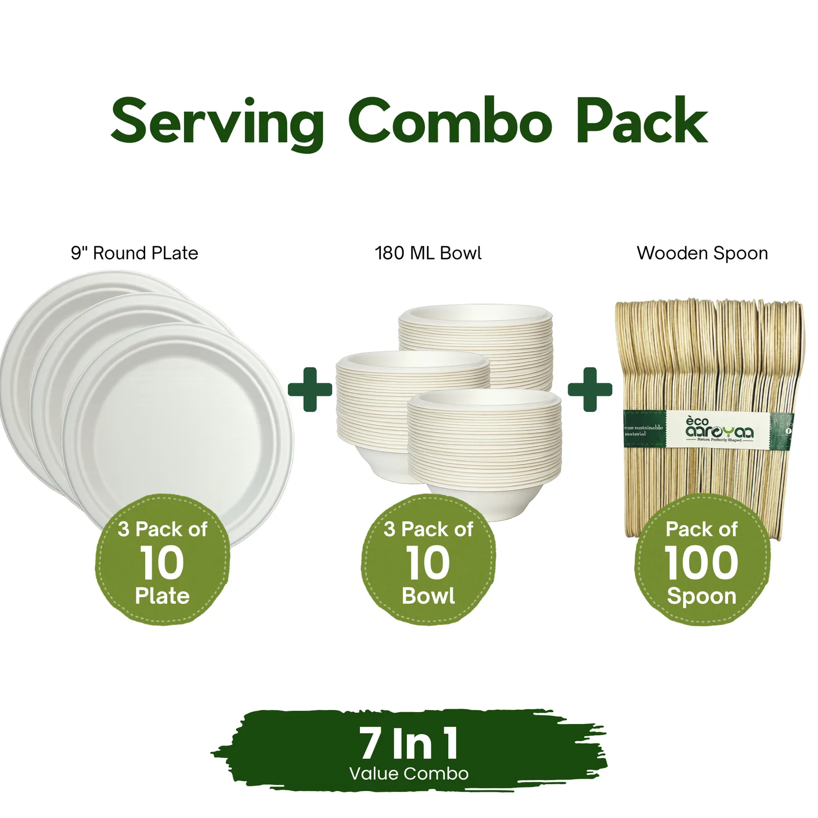 Eco Aaroyaa Serving Combo Pack � 180ml Bowl (3 Pack of 10 PCS) , 9 Inch Round Plate (3 Pack of 10 Pcs) , Wooden Spoon (100 Pcs) Eco-Friendly Combo