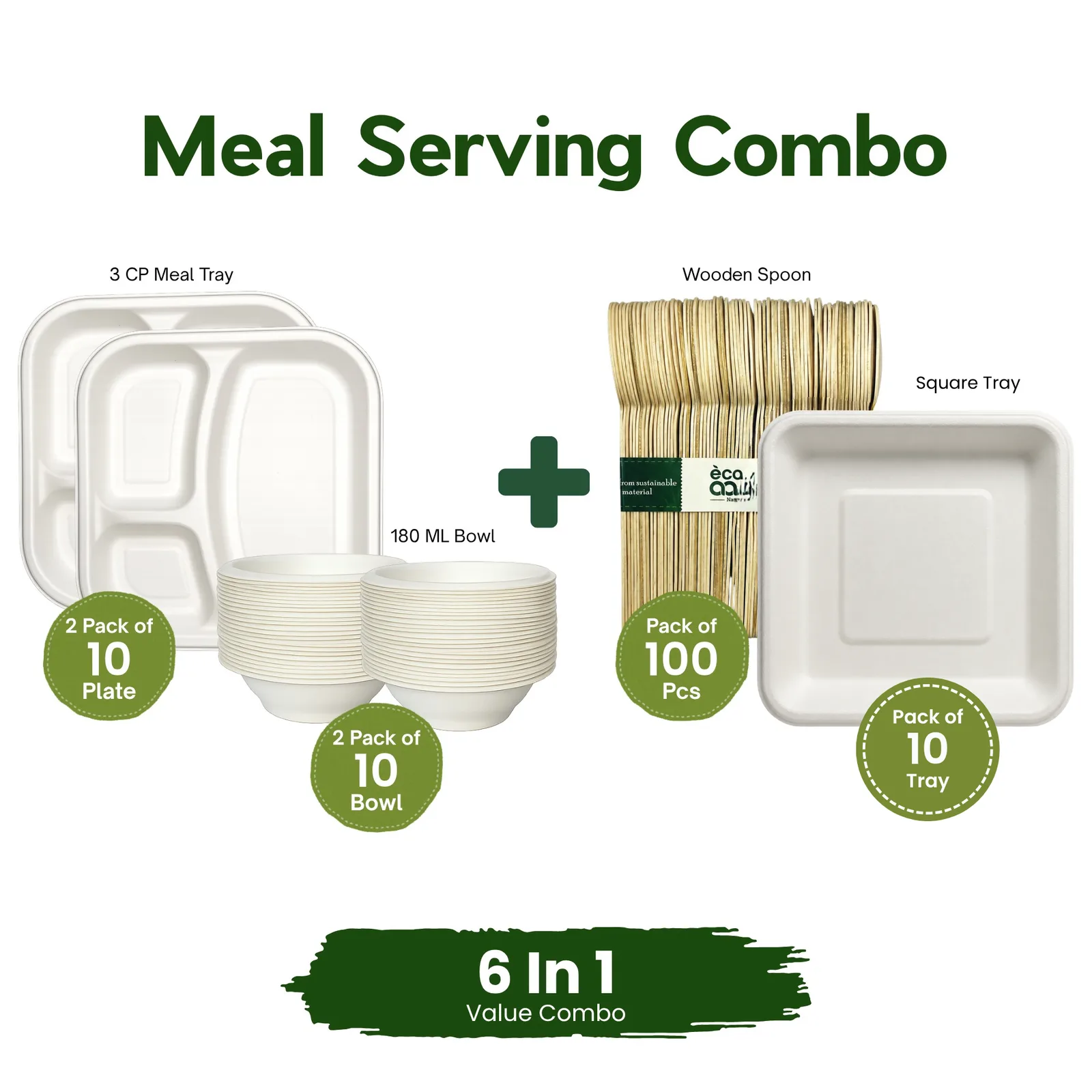 Meal Serving Combo – 180ml Bowl (2 pack of 10 Pcs) , 3 Compartment Meal Tray (2 PACK OF 10 PCS) , Wooden Spoon (100 Pcs) , 7  INCH SQUARE PLATE (PACK OF 10)