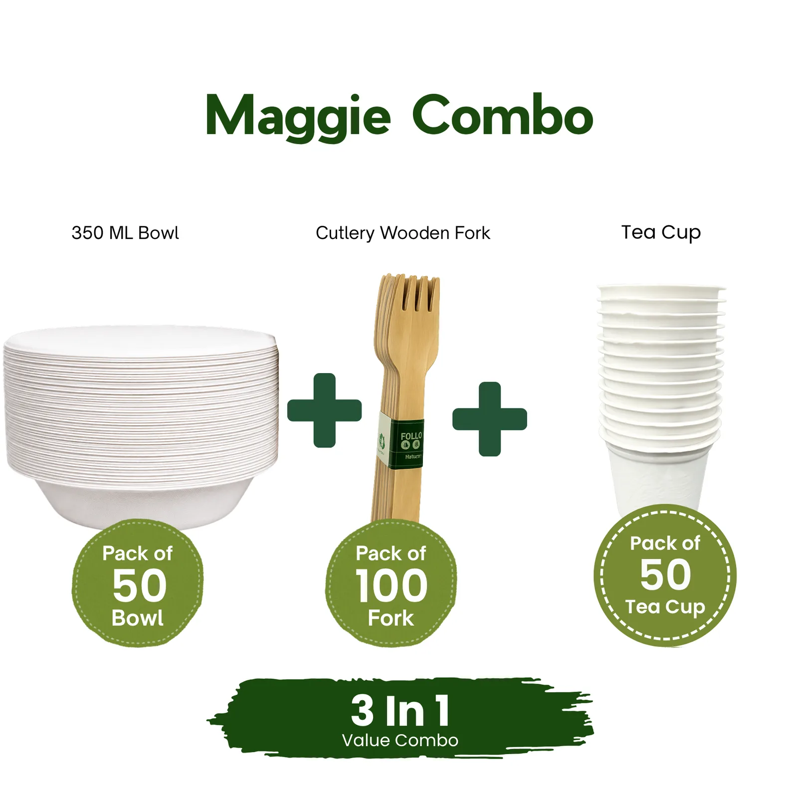 Eco Aaroyaa Chai Maggie Combo - CUTLERY WOODEN FORK (Pack of 100) & 350 ML BOWL (Pack of 50) , Tea Cup (pack of 50)