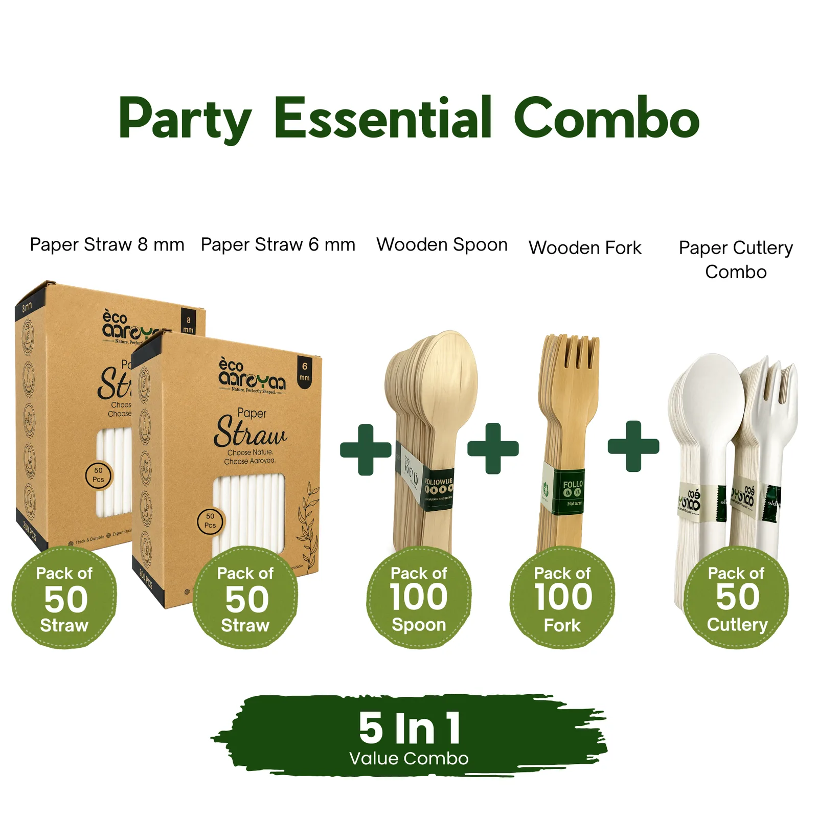 Eco Aaroyaa Complete Party Essentials Combo WOODEN SPOON, WOODEN FORK , PAPER STRAW 8 MM , PAPER STRAW 6 MM , paper cutlery combo