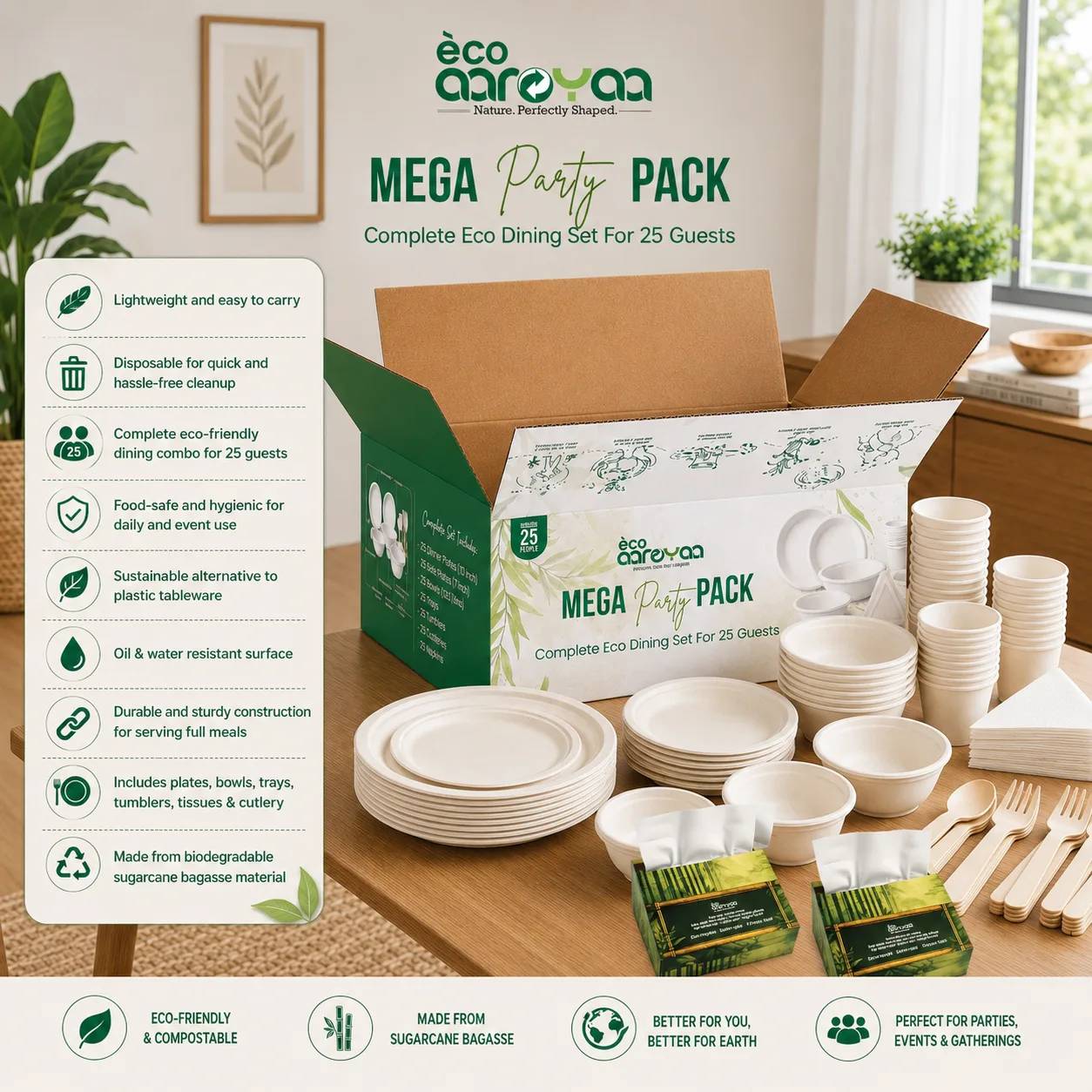 Eco Aaroyaa Mega Party Pack – Complete Eco Dining Set for 25 Guests 5